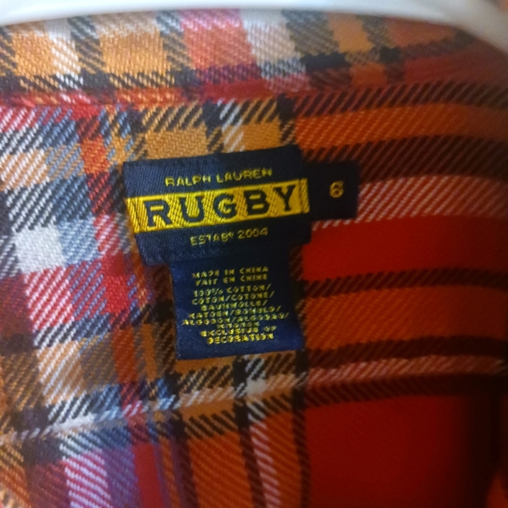 Rugby Ralph Lauren Flannel Red Plaid Shirt Leather Shoulder Patch.  SIZE 6